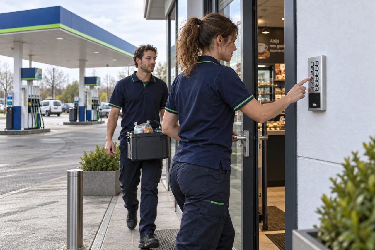 Medewerker gebruikt een Akiles Pinpad bij een tankstationshop