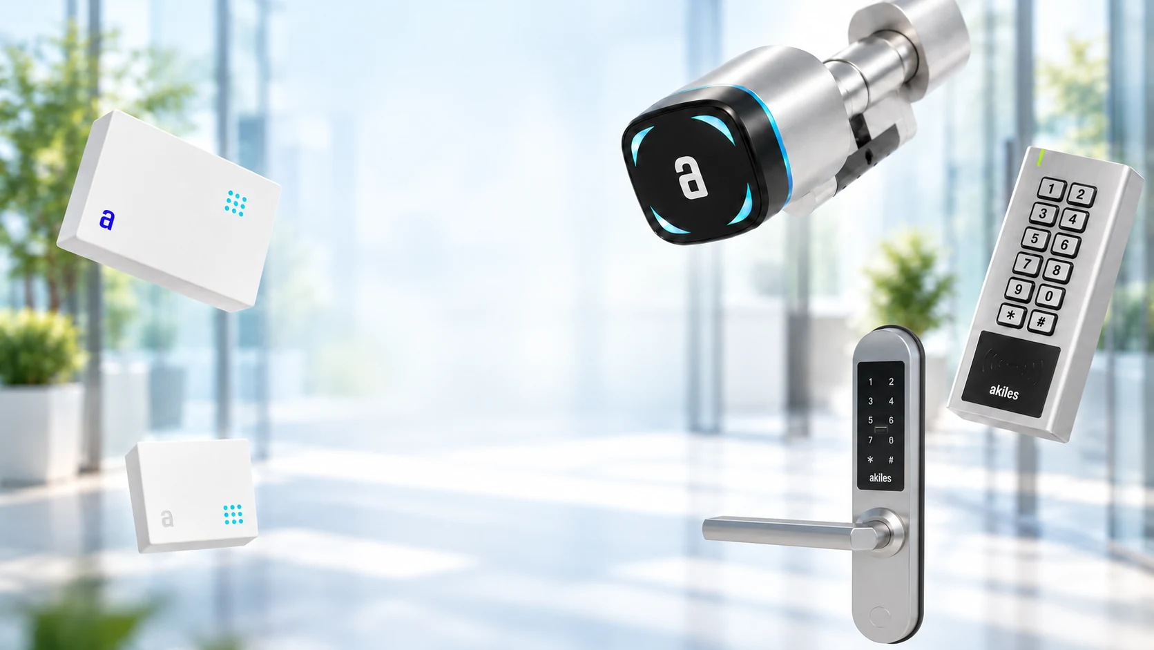 Akiles Cylinder, Roomlock, Pinpad, Controller en Gateway voor een lichte glazen entree